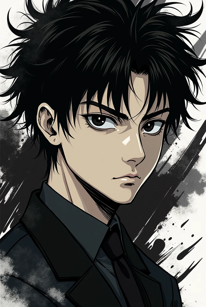 a man with black hair, dark shaped eyes, with black and white manga style background.