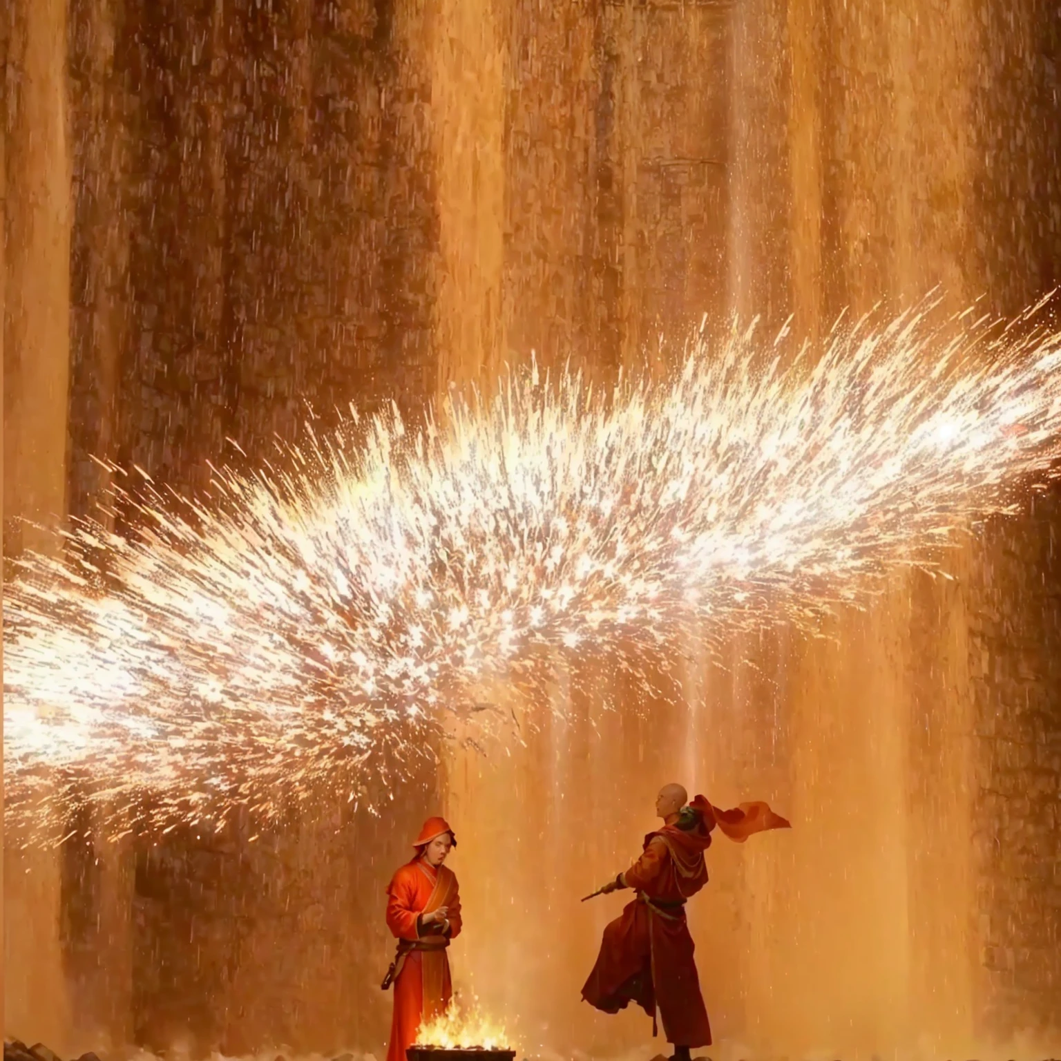 there are two men standing in front of a fountain with firework, fire raining, raining fire, energy flows of water and fire, fire and water, sparks and liquid fire, sparks of fire flying, Stunning sight, monk!!!!!!!!! fire, Stunning images, firebending, fire花四溅, liquid fire, An incredible masterpiece, Fountain of Eternal Life, amazing fire art, Award-winning shots