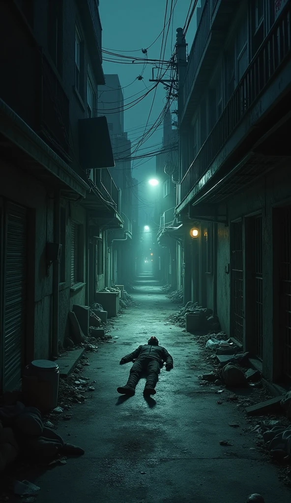 A narrow, dark alley at night, with dim streetlights casting long shadows. In the middle of the alley, a man lies lifeless on the cold ground. The alley is filthy, with trash scattered around, and the walls are stained with grime. People pass by without paying attention, their faces indifferent, as they continue with their nightly routines."
