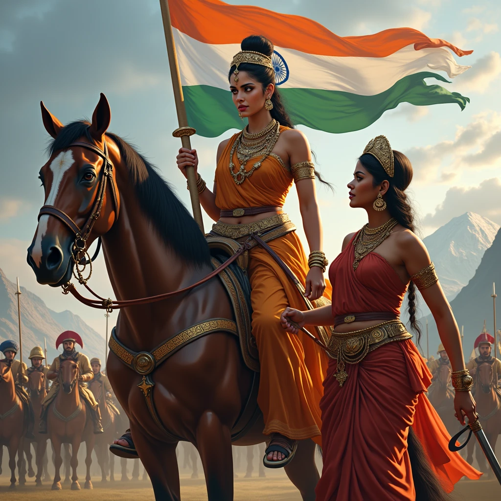 A South Indian queen, who is Hindu, is holding a sword in one hand and a horse in the other, with mountains and battlefields in the background and also the queen's maid. And queen one hand a katana  , and background a indian flag fight with British government , fight British army , est india company British fight 