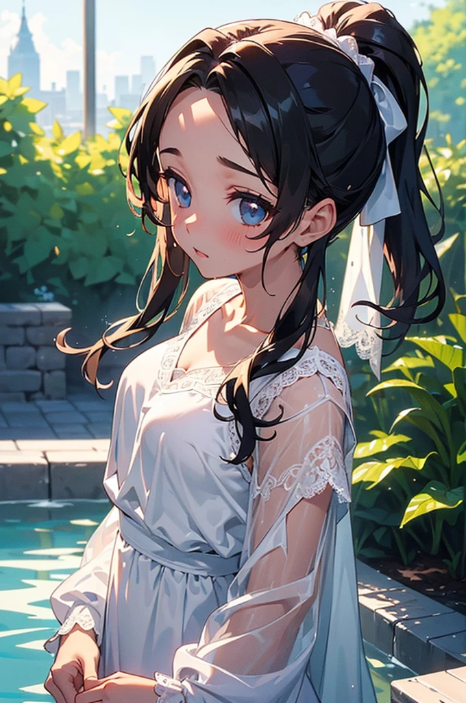 ((((High resolution, Intricate details, masterpiece, 8k, from front)))), (((beautiful, White dress, lace, Sweatをかいている, Wet Skin))), ((One Woman, Expressionless, Red cheeks, slender)), (Black Hair, Beautiful forehead, Long Hair, ponytail, Glowing Skin, Sweat), from front, looking at viewer, look at viewer, noon, outside, sunlight, bright