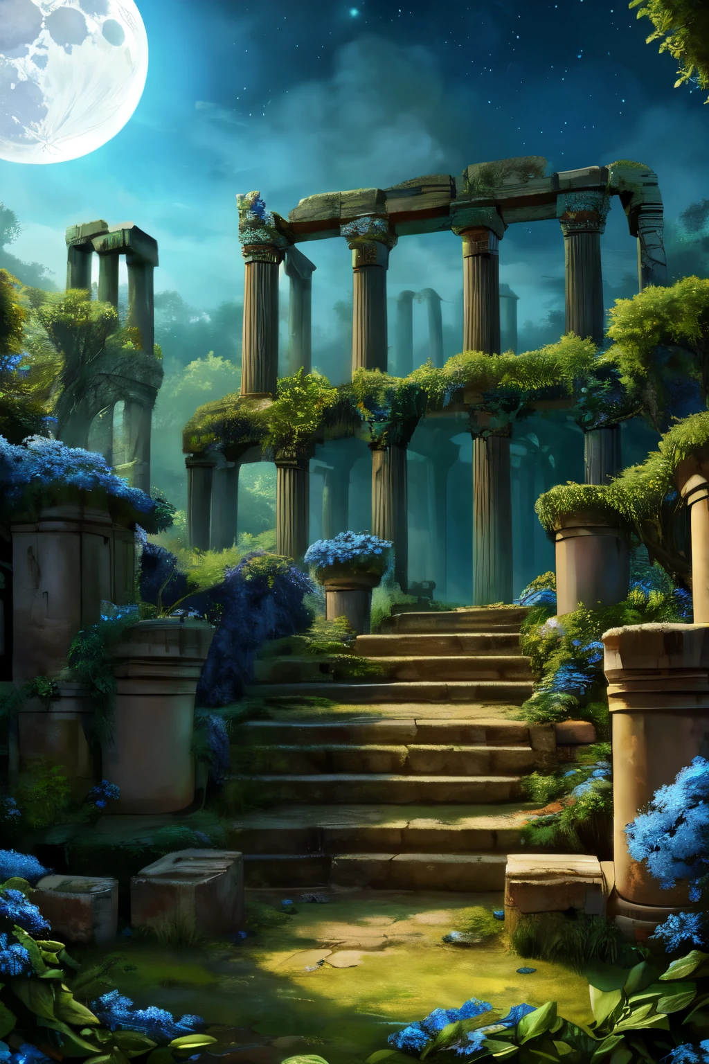 ((best quality)), ((masterpiece)), (detailed), ancient ruins with ivy growing, iridescent blue flowers growing, big blue moon 
