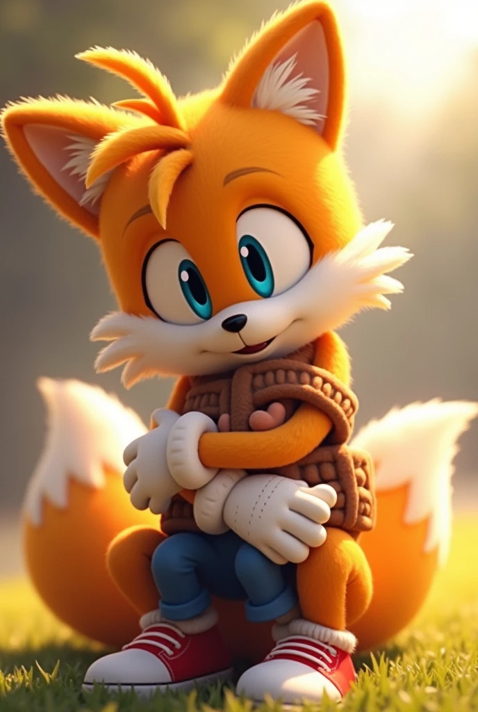 Tails hugging a kid with his shoes and gloves on