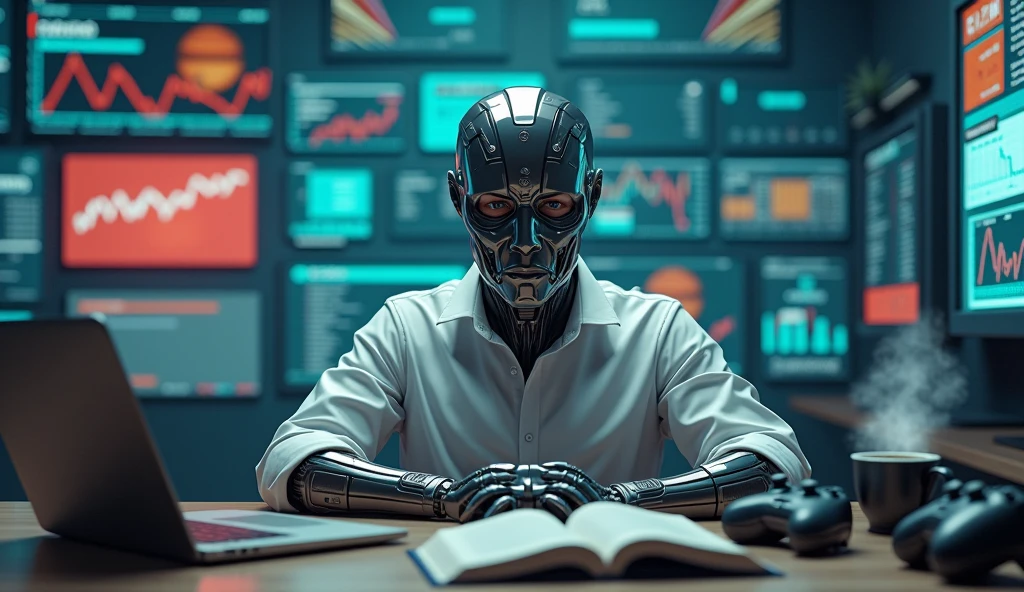 A photo of a man with mask and 10% robotic face sitting at a table. The table has a laptop, a book, and a cup. The background contains a stock market screen, anime posters, and gaming controllers.