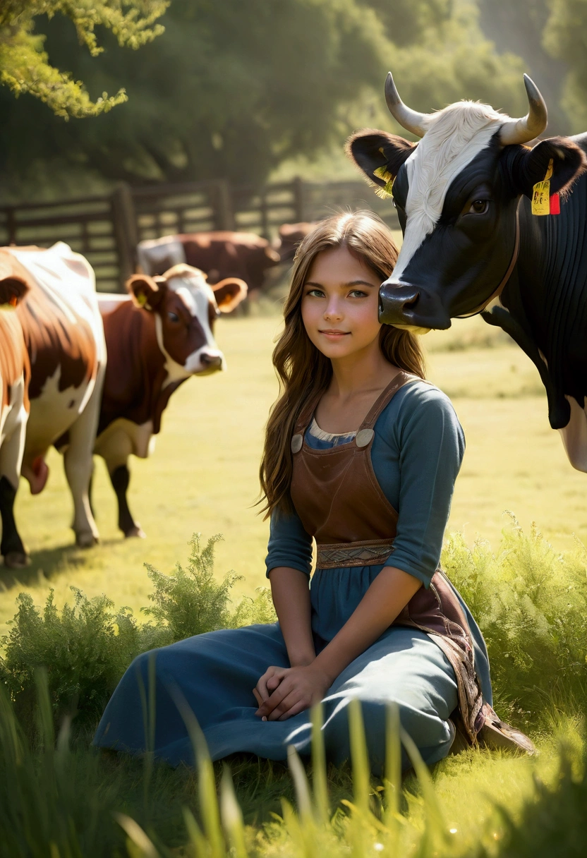 A girl taking care of cows in a picturesque ranch, with a vibrant and energetic atmosphere. The girl is surrounded by a stunning depth of field, where the foreground and background are beautifully blurred, adding a sense of motion and liveliness to the scene. The sunlight shines through the trees, creating a sparkling effect on the surrounding grass and flowers. The lighting is cinematic, casting dramatic shadows and highlights, enhancing the overall atmosphere of the image.
To capture the details of the scene, the camera settings are set to f/2.8 aperture and 35mm focal length, resulting in a perfect balance between subject and background. The image is captured in UHD resolution, ensuring the highest quality and clarity. The details are incredibly sharp and crisp, showcasing every blade of grass and every expression on the girl's face.
The colors are vivid and vibrant, with a warm and inviting color tone. The lighting emphasizes the natural beauty of the ranch, casting soft and warm shadows, giving a sense of serenity and tranquility. The image has a sense of realism and photorealism, with a touch of artistic style to enhance the overall aesthetic.
In summary, this prompt creates a visually captivating image of a girl energetically taking care of cows in a beautiful ranch setting. The scene is brought to life with a depth of field, sparkling details, cinematic lighting, and an emphasis on high-quality and high-resolution visuals.