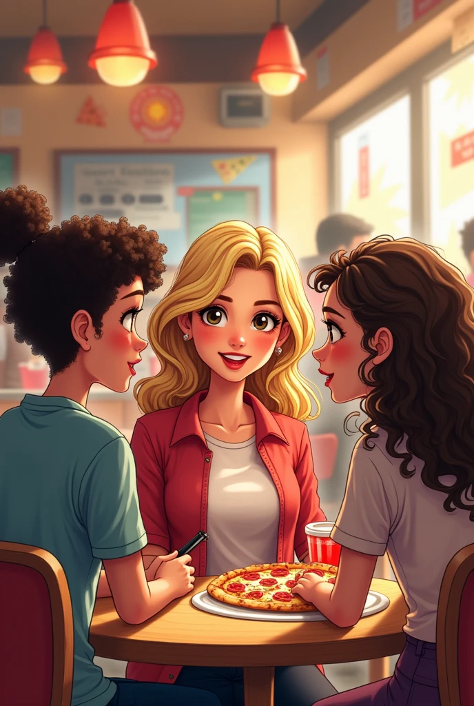Drawing of a teenage girl with short, curly hair and a teenage girl with long, curly hair interviewing a blonde adult woman in a pizzeria.