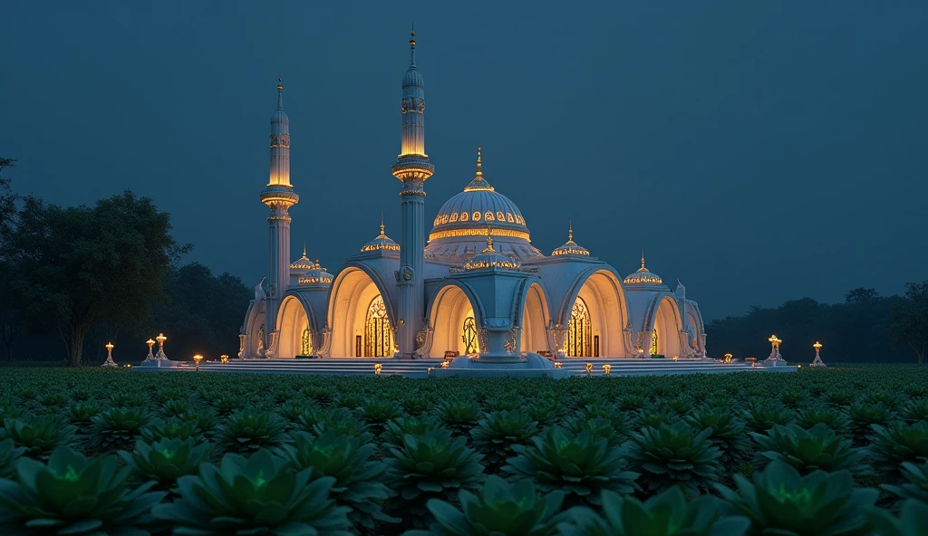 tiny futuristic mosque with Thai architecture in the middle of a rural kale plantation at night wide right angle view