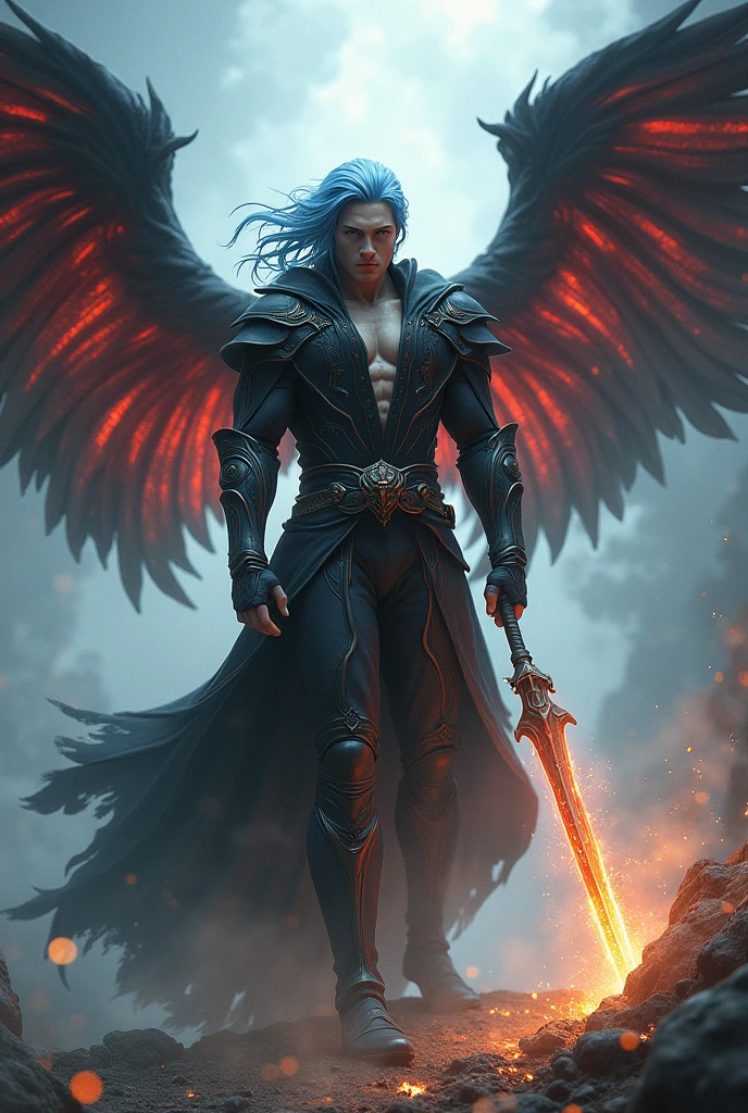 Picture 3B.3B. A man with light blue and black hair, very handsome, cold face, fantasy outfit, red and black winged god, effect on the wings, long hands holding a fire sword, the background is a god.ทรงผมฟ้าอ่อนดำผมยาวนิดนึง