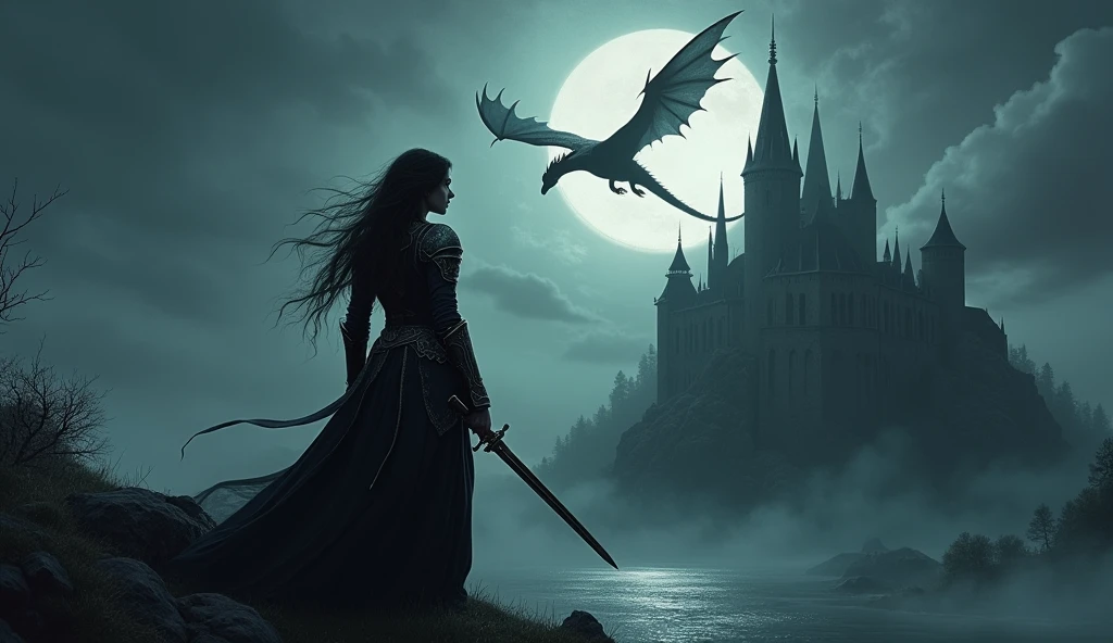 Dark atmosphere, distant view from left behind, moon light, woman wearing armor, holding a sword, epic  gothic medieval castle on the right,  epic shadow of dragon behind the castle, dark fantasy art, epic landscape, master piece, highly detailed,