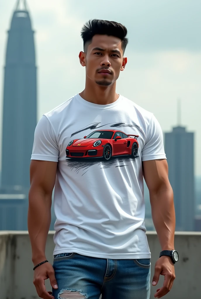 A handsome Indonesia man with a clean face,Very short black hair, the sides are faintly visible, there are clear line carvings.Wearing a white t-shirt with Sports car graphics, stylish ripped blue jeans,Wearing sports shoes , wearing a rolex watch,Athletic sixpack body,Skyscraper background and sky with white clouds face facing straight at the camera, realistic hd