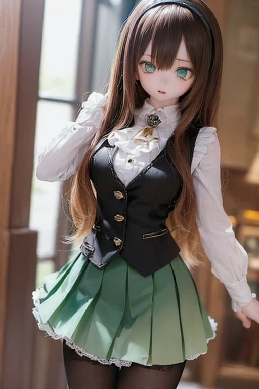 (SFW:2), photorealistic, realistic photo, 8k, ((highest quality)), ((masterpiece)), (extremely detailed), kukolnydom, doll, (mature woman, 21yo, 2, solo:1.6), ((cowboy shot, dynamic pose, slim, slender, skinny, medium breasts, hairband, vest, ascot, dress shirt, long puff sleeves, pleated skirt, black pantyhose)), (parted lips, green eyes, brown hair, long hair, plastic skin, looking at another, glass eyes, gradient eyes, shining eyes, detailed eyes:1.3)
