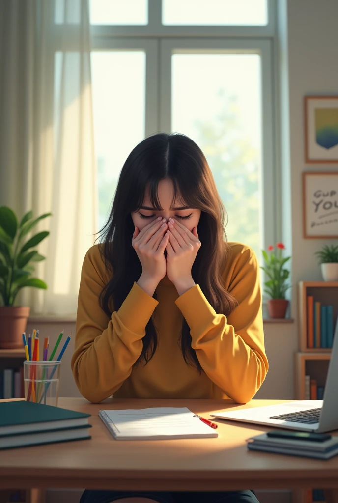 A girl is sitting at her study table. When she gets really angry, she doesn't want to talk, so she is holding her mouth shut to calm herself down. make the image more bright. Make more nice photo. No 