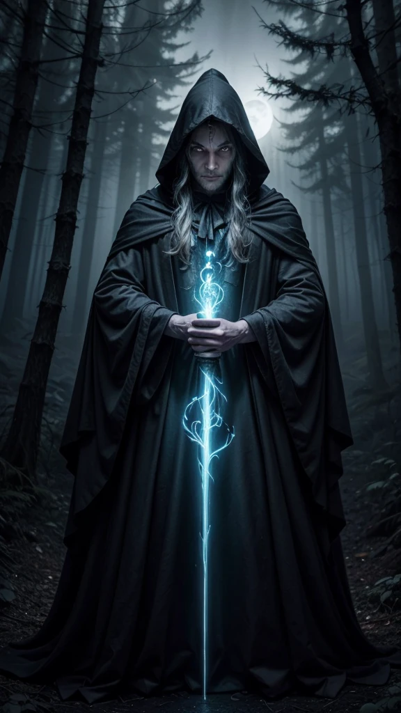 An enigmatic, hooded wizard stands in the foreground, casting spells with his staff, which glows with an eerie light. The background features a dark, mystical forest with twisted trees and fog swirling around the ground. The moonlight filters through the branches, casting shadows that add to the eerie, mysterious atmosphere. The wizard's robes are adorned with ancient symbols, and his eyes glow with a supernatural power, embodying the dark, mystical energy of the song 'The Wizard' by Black Sabbath.