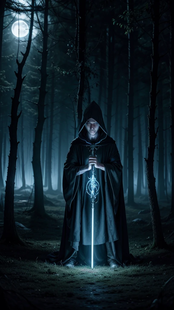An enigmatic, hooded wizard stands in the foreground, casting spells with his staff, which glows with an eerie light. The background features a dark, mystical forest with twisted trees and fog swirling around the ground. The moonlight filters through the branches, casting shadows that add to the eerie, mysterious atmosphere. The wizard's robes are adorned with ancient symbols, and his eyes glow with a supernatural power, embodying the dark, mystical energy of the song 'The Wizard' by Black Sabbath.
