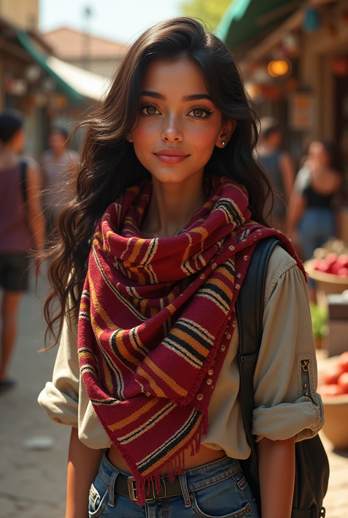 A beautiful young woman of mixed French and Bolivian heritage. She has light brown skin with a warm, sun-kissed tone, and wavy, dark brown hair that falls just below her shoulders. Her eyes are a striking hazel with a touch of green, reflecting both her European and Andean roots. She has a soft, oval face with high cheekbones, a delicate nose, and a warm, inviting smile. She’s wearing a colorful, traditional Bolivian textile scarf over a casual, modern outfit, blending both cultures seamlessly. The background shows a vibrant market scene with a mix of French and Bolivian elements