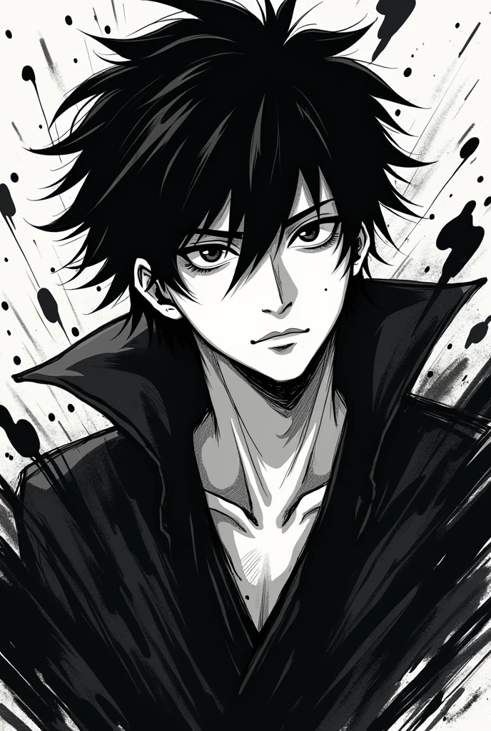 a man with black hair, dark shaped eyes, with black and white manga style background. black and white colors
