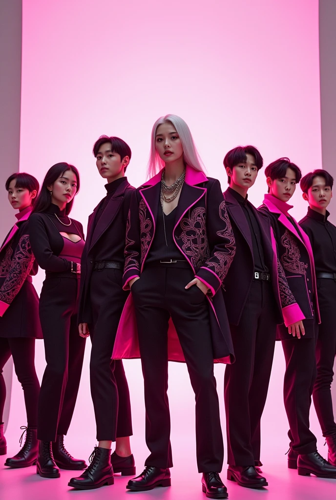 A kpop boygroup with 8 members, with pink and black clothes and a simple background. With 8 members: one with long white hair