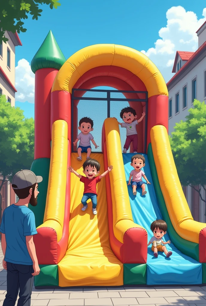 Children playing in their decent clothes on a bounce house with a slide, where everything is very safe for everyone and there is a 3 adult, at the box office making sure he has a beard, bald man with cap, glasses, blue t-shirt and boots. It looks like a 2d Japanese anime drawing. 