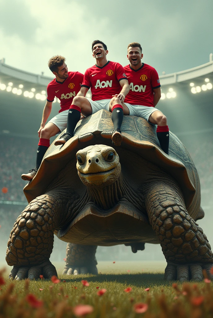 Manchester united players are riding on the huge tortoisr