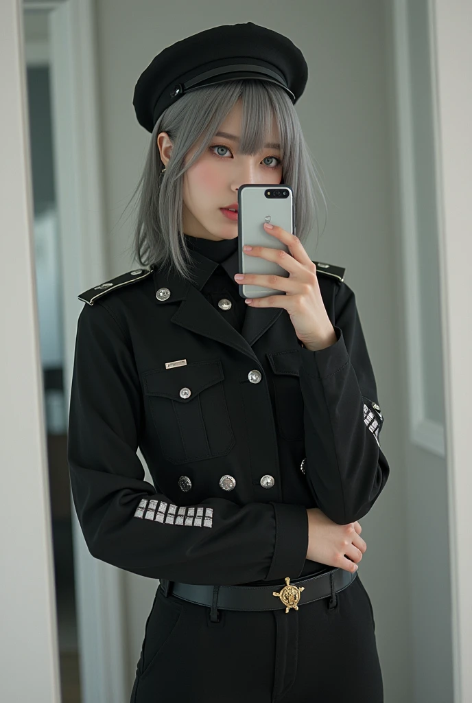 highly detailed, beautiful, hyper Realistic girl, masterpiece, best quality, Depict a mysterious and sophisticated beautiful Japanese gravure model,, 28-years-old, identity hidden, all body shot, / gray arranged hair, small head, Detailed face, cute and Pretty slim face, wide Duck mouth, perfect beautiful Tooth, arranged gray hair, shiny eyes, blue-colored eyes, Realistic skin, Detailed face, / police officer style theme, black crop top with silver medals and badges, fitted slim pants, functional stylish black boots, simple belt and gold accessories, expressing her unique charm and authoritative presence, //// simple white modern single room, mirror, complicated background /// takes a selfie in her room using a smartphone in front of a mirror with one hand, standing and fashion model Posing, looking away from the camera,
