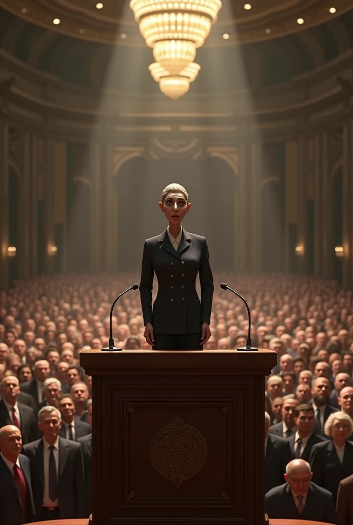 Roz from the movie The Monster Inc on the podium in front of a thousand people