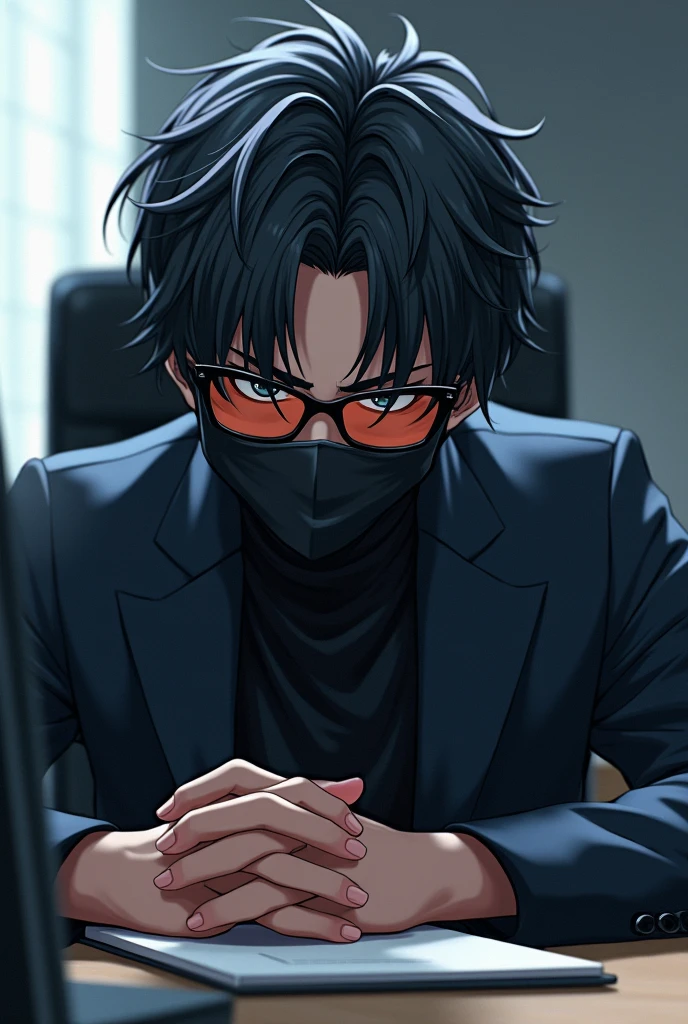  The viewer is looking at a picture of an anime guy wearing sunglasses and a mask, sitting at a desk and talking into a microphone.