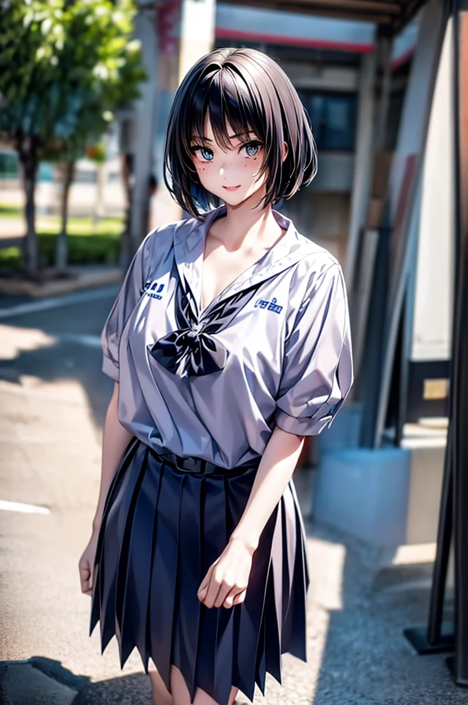 Anime style High school student wearing a Thai school uniform Walking alone
Looks outstanding and has a unique aura A confident girl who walks gracefully but still maintains her youthfulness

Distinctive features
Body shape:
Slender and tall or has proportionate curves
Broad shoulders, looks strong
Slender and beautiful legs Walking confidently
Face:
Thick eyebrows, sharp eyes, may have a few freckles to add charm
High nose, full lips
Short hair to the shoulder or long, straight hair Or may have a dark hair color to add coolness
Dressing style:
Like branded clothes or clothes that look designed
Oversized T-shirts, ripped jeans or short skirts
Sneakers or leather boots
A few accessories but look expensive, such as a watch, chains or rings
Posture:
Walking confidently, hands in pockets or crossed behind the back
Looking straight ahead, not looking down
Posture looks relaxed, not tense