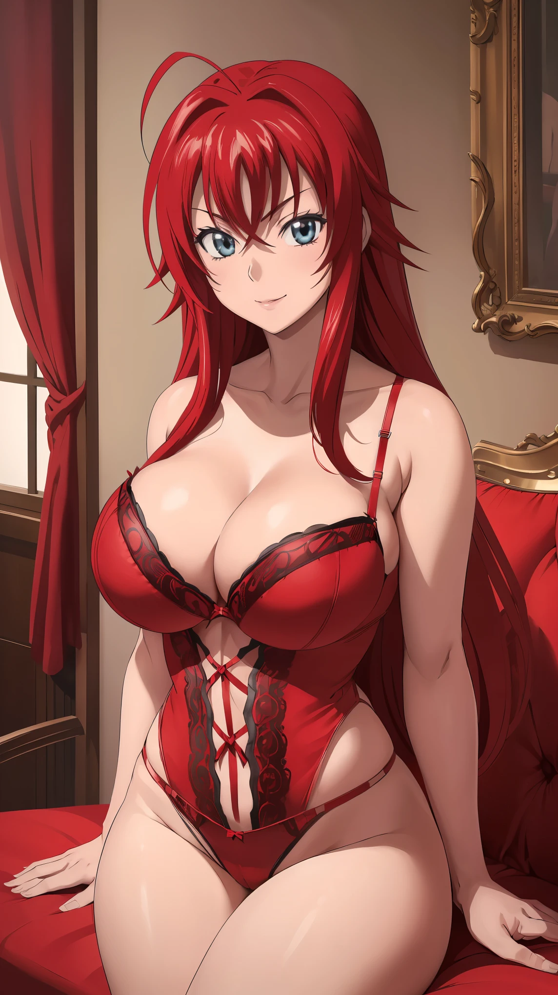 (((picture perfect))), (absurdres), 1girl, solo, rias gremory, looking at viewer, smile, (((breasts Focus))), (((Hot cleavage))), (((Hot breasts))), (((red erotic lingerie)))