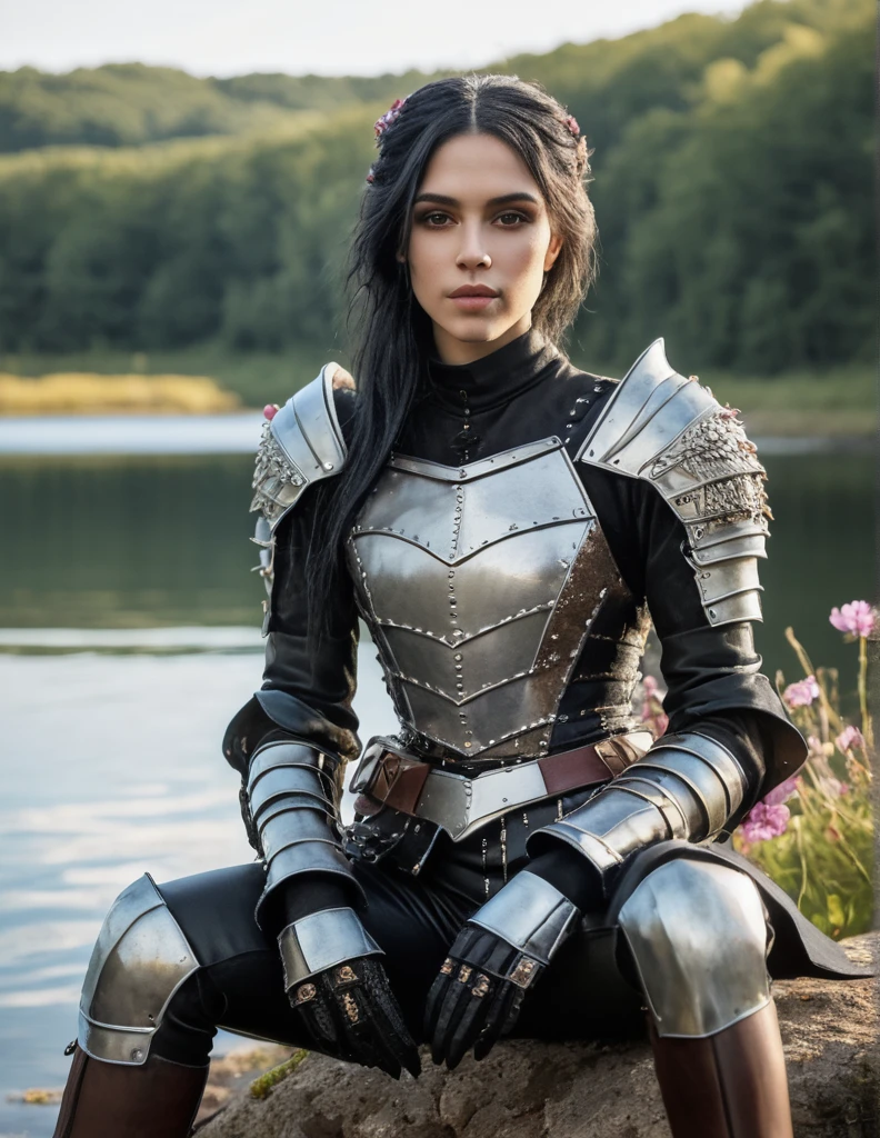 (medium shot, zoomed in upper body:1.3) photo of a, (perfect teeth:1.3) lizzard man with short straight angled black hair with grey parts, brown eyes, (tiny breasts:1.3), toned ass, (perfect hands:1.3). She is wearing (leather armor, pants and boots:1.1). She is sitting facing diagonal to camera, in a (gothic fantasy:1.3) lake with flowers and small mushrooms, evening, bright. detailed skin texture, detailed cloth texture, detailed face, (intricate sharp details:1.5), ultra high res