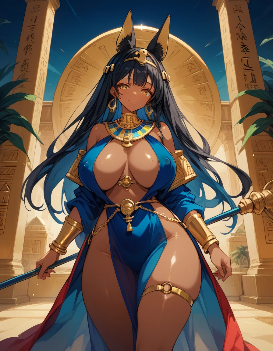 score_10,score_9_up,score_8_up,score_7_up, hadrian, looking at viewer, with Pyramid of Khufu view, in Egypt, female anubis, egyptian clothes, egyptian mythology, truncheon,staff, long black hair, dark skin, tall, wide hips, thick thighs, huge breasts, voluptuous, (mature), seductive, milf, amber eyes, lewd smile, skimpy outfit, see-through, nipple bulge, close up, 30 years old,