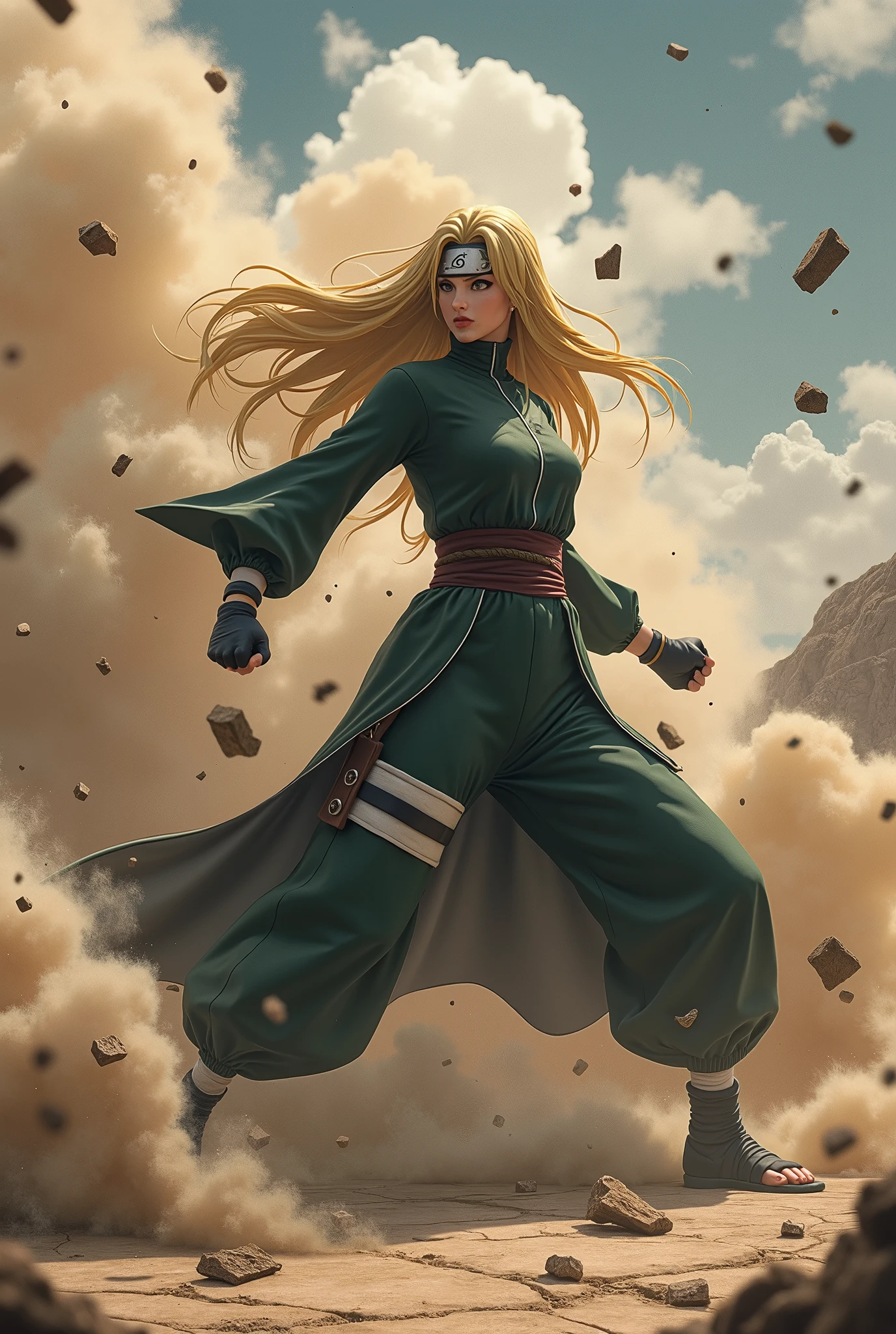 Lady Tsunade from naruto anime throwing a punch in ground and there's dust every where, hyper Realistic effect
