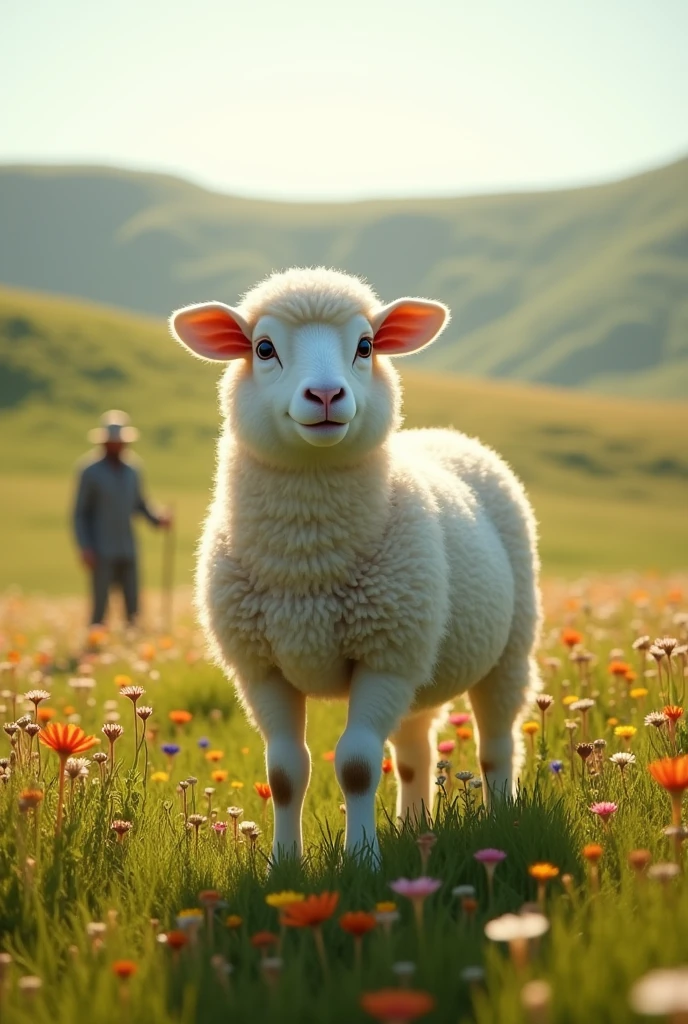 Generate an ultra realistic 8k full hd image of a white sheep in a field with flowers and grass with a shepherd watching it from afar