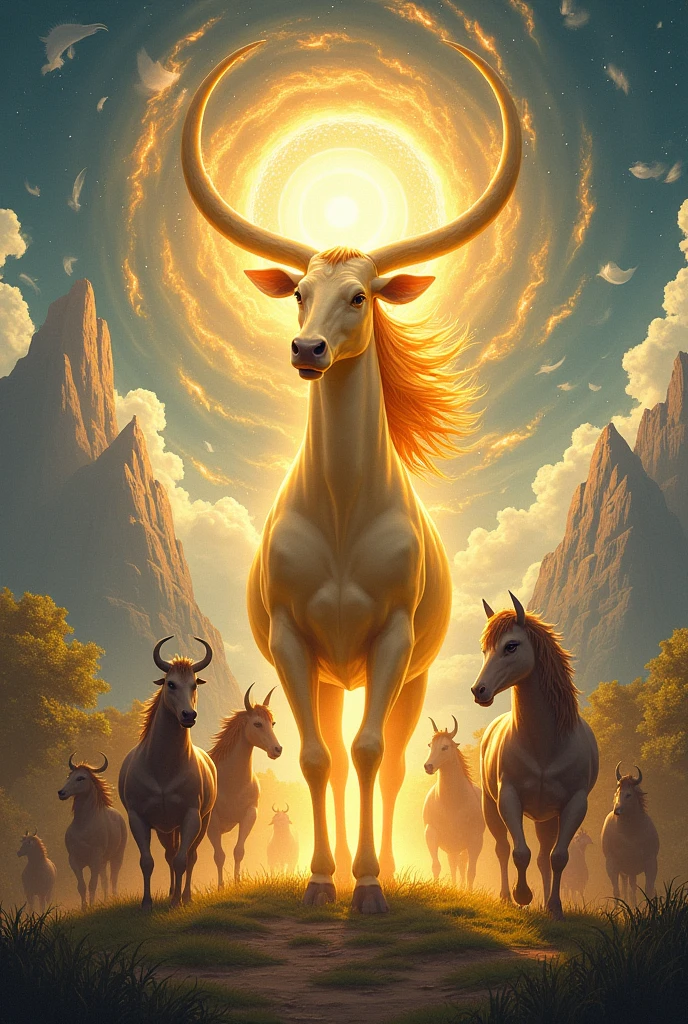 Kamadhenu Summoning an Army**: Kamadhenu, in a burst of divine energy, summoning an army of powerful warriors and mythical creatures to protect her and Rishi Vashistha from King Vishwamitra’s forces.