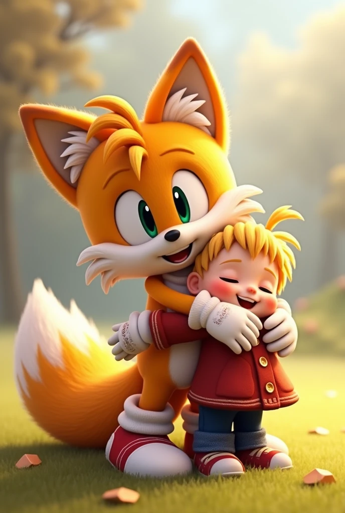 Tails hugging a kid with his shoes and gloves on 