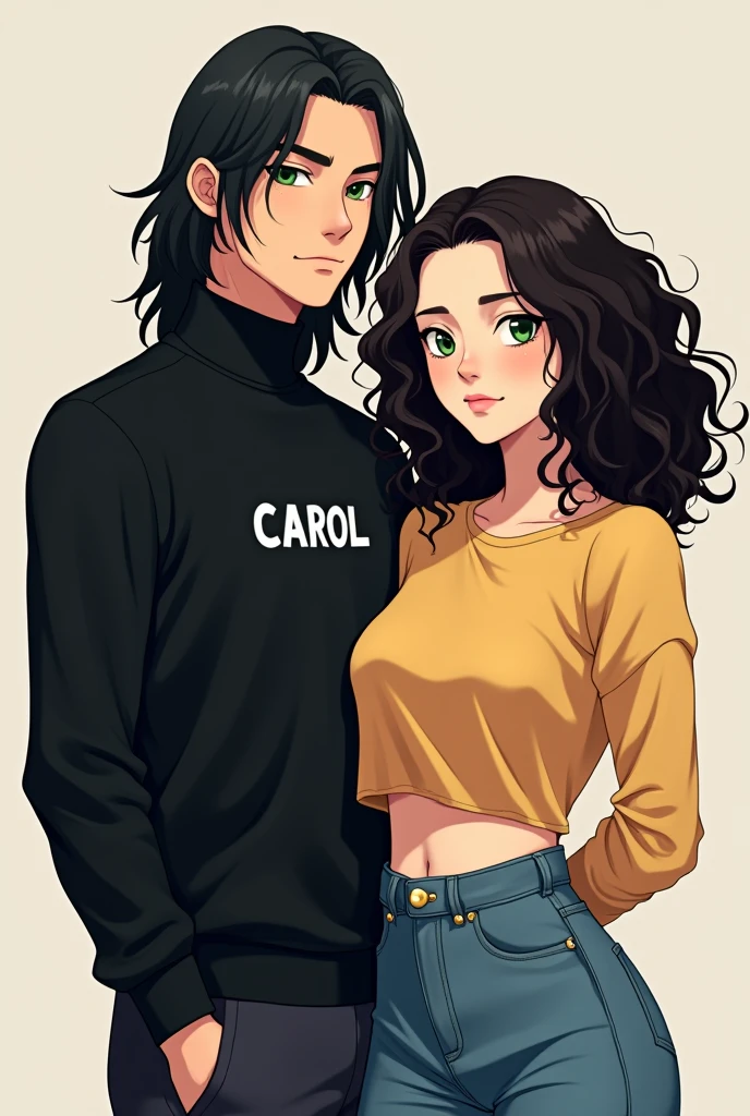 Character couple black turtleneck shirt with white name on the man's Biel and Carol the black female character with curly hair jeans the male character with long hair white green eyes anime theme