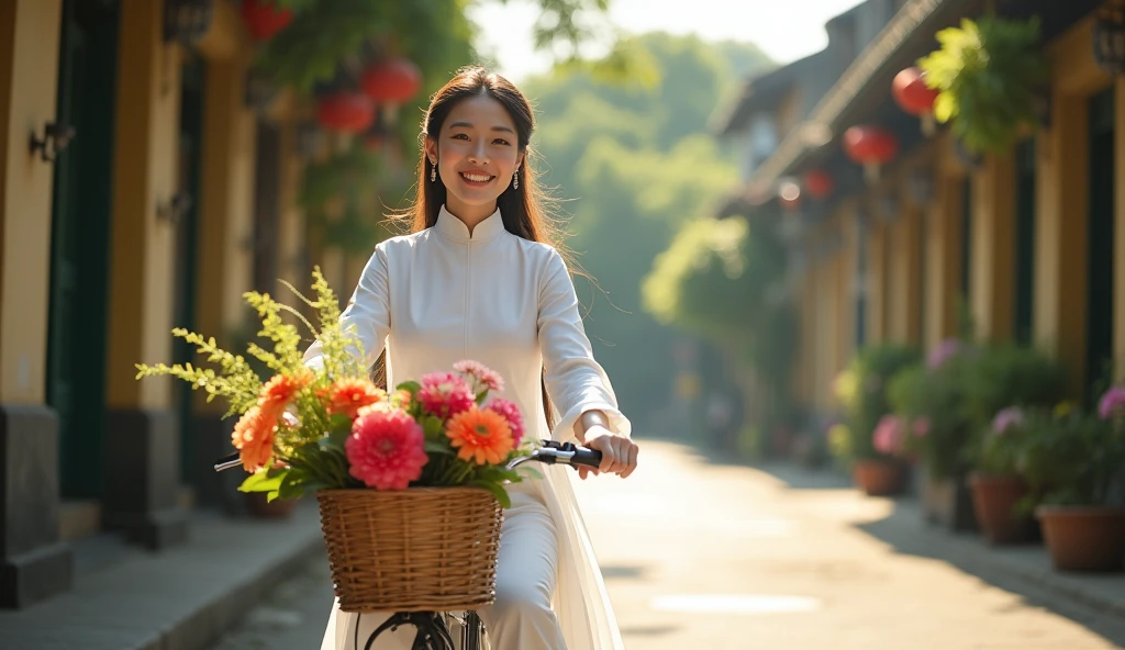 Make a photo of a Vietnamese female model wearing a white Ao Dai. Riding a bike on an old street. 85mm lens. bright. realistic. Focus your eyes well. Full shot. Make a basket and a bouquet of flowers in front of the bike. 