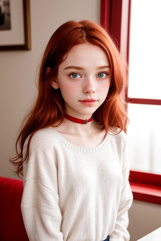 raw photo,(13yo skinny redhead girl:1.2), cheek dimples, blushing, graphic eyeliner, rouge, (lipstick:0.6), (choker:0.9), realistic skin texture, oversize knit sweater, (red:0.8), softcore, warm lighting, cosy atmosphere, instagram style, nsfw , naive, shy, short, thin, fit, beautiful, cute, pale skin
