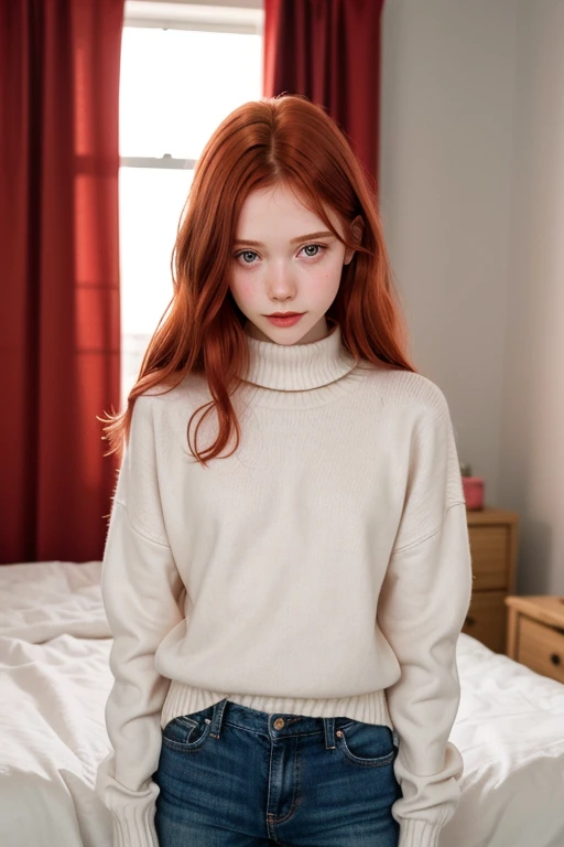 raw photo,(13yo skinny redhead girl:1.2), cheek dimples, blushing, graphic eyeliner, rouge, (lipstick:0.6), (choker:0.9), realistic skin texture, oversize knit sweater, (red:0.8), softcore, warm lighting, cosy atmosphere, instagram style, nsfw , naive, shy, short, thin, fit, beautiful, cute, pale skin
