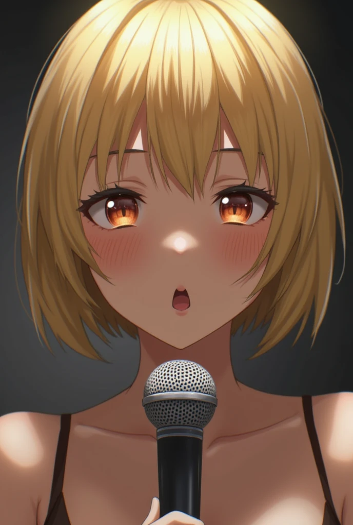 Best quality, masterpiece,realistic,girl,blonde, short hair, Single,, lips,microphone,excited eyes,Keep your mouth shut