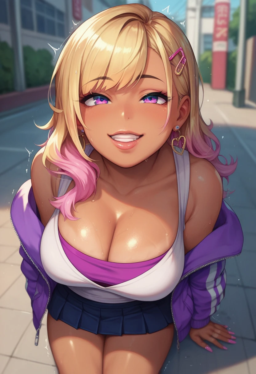 silly gyaru,plump body,tanned skin,humid,straight hair,cleavage,purple tube top,white shirt jacket,short skirt,look up at viewer,at street,happy,trembling,bite lower lips,