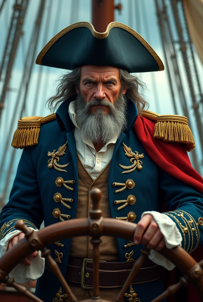(best quality,4k,8k,highres,masterpiece:1.2),ultra-detailed,(realistic,photorealistic,photo-realistic:1.37),highly detailed portrait of a male pirate admiral, imposing figure standing at the helm of a grand sailing ship, ornate uniform with gold epaulets, weathered face with piercing eyes, long beard, tricorn hat, dramatic lighting, moody atmospheric background, vivid colors, cinematic composition