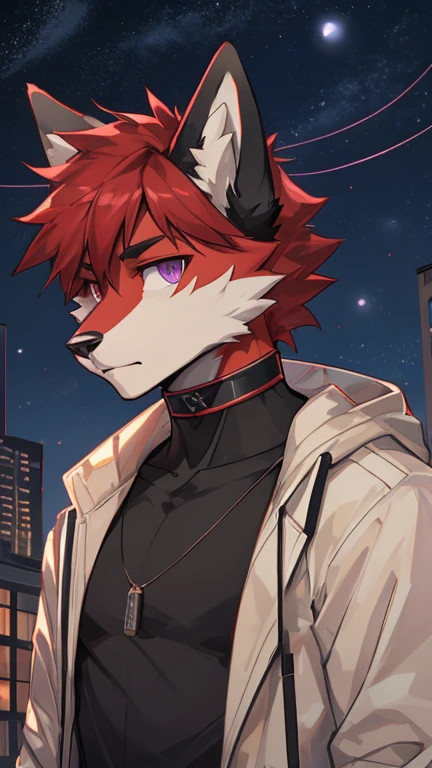 (Artist by zackary911, 8k, high quality, detailed eyes and fur, night, residents background), solo, male fox, anthro, red satured fur, red body, male body, purple eyes, black ears, red hair, short hair, hair cover eye, hands white, choker, eyeliner black, beige jacket, black shirt,
