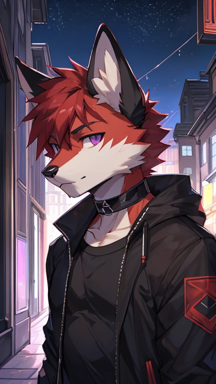 (Artist by zackary911, 8k, high quality, detailed eyes and fur, night, residents background), solo, male fox, anthro, red satured fur, red body, male body, purple eyes, black ears, red hair, short hair, hair cover eye, hands white, choker, eyeliner black, beige jacket, black shirt,