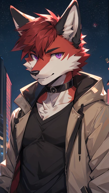 (Artist by zackary911, 8k, high quality, detailed eyes and fur, night, residents background), solo, male fox, anthro, red satured fur, red body, male body, purple eyes, black ears, red hair, short hair, hair cover eye, hands white, choker, eyeliner black, beige jacket, black shirt,