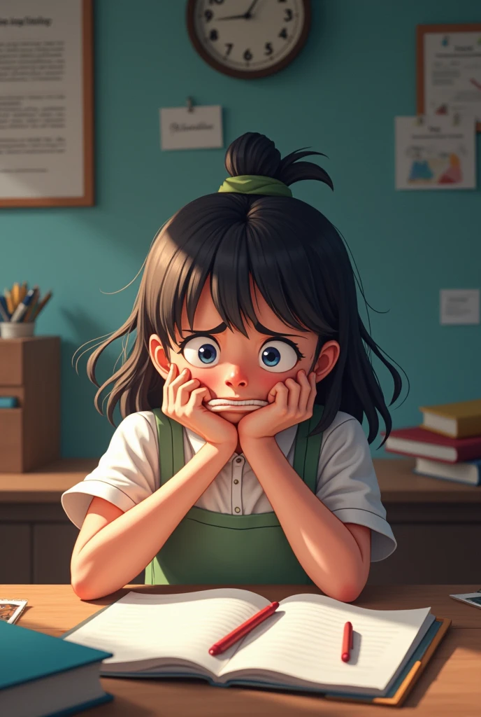 A girl is sitting at her study table. When she gets really angry, she doesn't want to talk, so she is holding her mouth shut to calm herself down. make the image more bright. Make more nice photo. No. Ramain eyes open