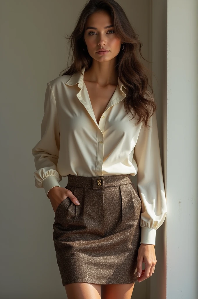 European woman model wearing a skirt and blouse set with fabric with embossed details, elegant and luxurious 