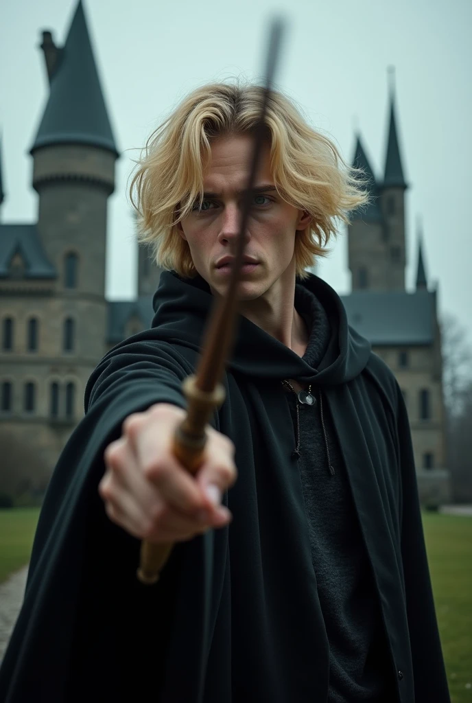 A handsome  boy wearing a black cloak, blonde hair, holding a 10-inch long wand at Hogwarts School.