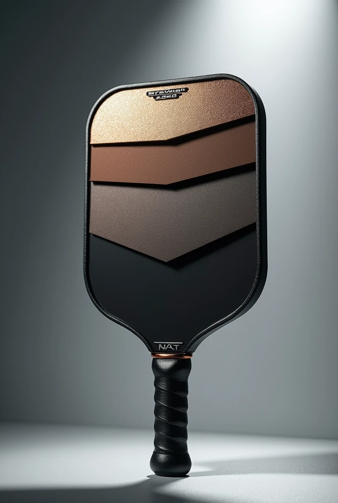 Create a detailed advertising image of a premium pickleball paddle, showcasing its three layers: the frame, the paddle face, and the handle. The image should clearly display each layer with high-quality, close-up details to emphasize the use of top-grade materials. Highlight the luxurious finish of the frame, the advanced texture of the paddle face, and the ergonomic design of the handle. Use subtle lighting and shadows to enhance the depth and craftsmanship of the paddle. Ensure the background is clean and neutral to keep the focus on the paddle’s superior construction and material quality.