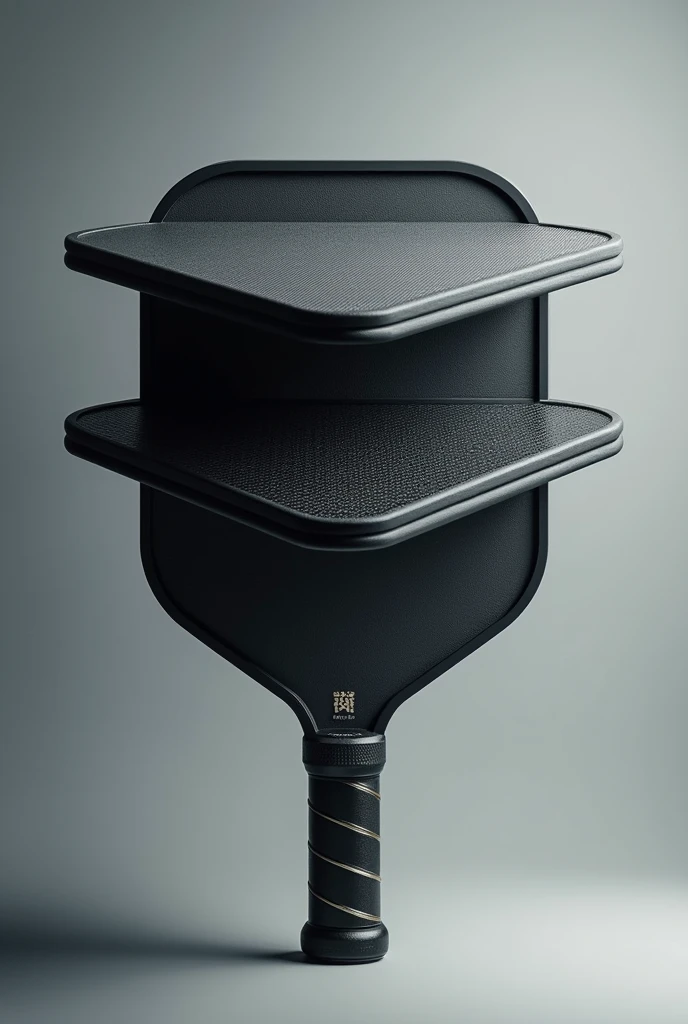 Create a detailed advertising image of a premium pickleball paddle, showcasing its three layers: the frame, the paddle face, and the handle. The image should clearly display each layer with high-quality, close-up details to emphasize the use of top-grade materials. Highlight the luxurious finish of the frame, the advanced texture of the paddle face, and the ergonomic design of the handle. Use subtle lighting and shadows to enhance the depth and craftsmanship of the paddle. Ensure the background is clean and neutral to keep the focus on the paddle’s superior construction and material quality.