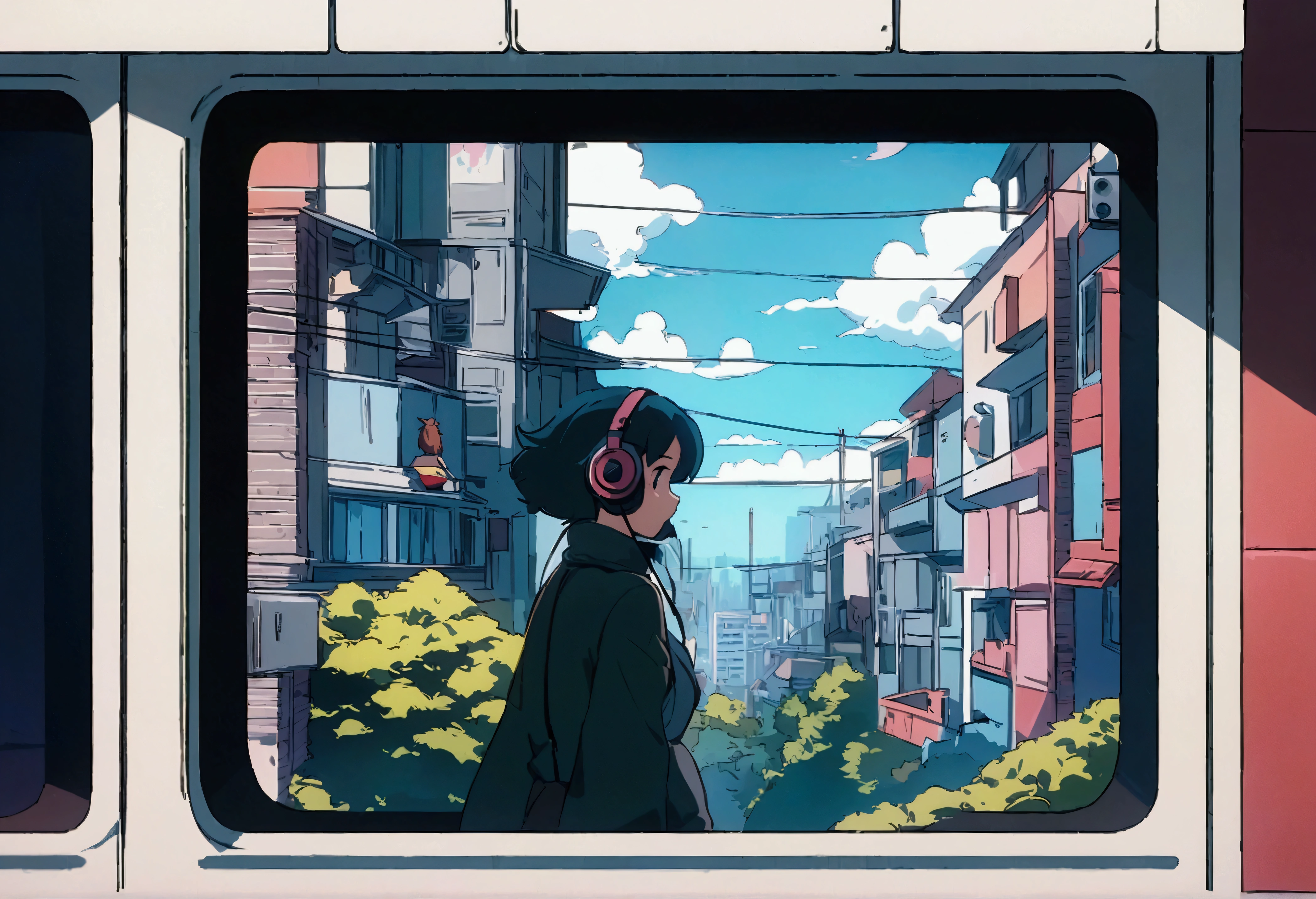 Anime girl wearing headphones looking out the window at the city, Lo-fi Girl, Anime atmosphere, Lofi Artstyle, Anime Style 4k, Anime Aesthetics, Nightcore, Lo-fi feeling, Lofi Art, anime art wallpaper 4k, anime art wallpaper 4k, anime wallpaper 4k, anime wallpaper 4k, An atmosphere of praise, Kaisei and Artgelm